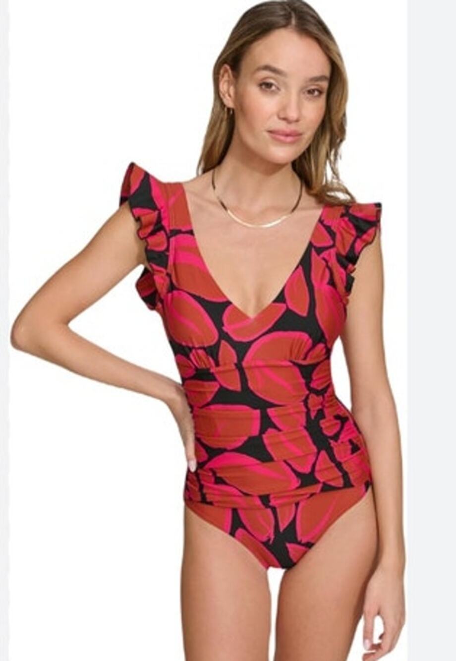 Womens DKNY Ruffle Trim Vibrant One Piece Swim Size Small